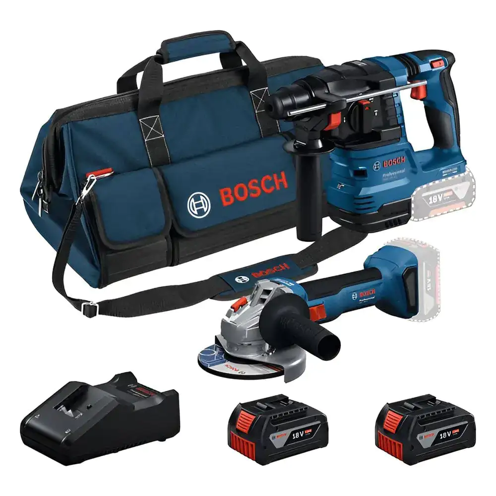 Kit profesional Bosch: Taladro percutor GBH 18V-22 + Amoladora angular GWS 18V-8 + 2 baterías de 18 V 4,0 Ah
